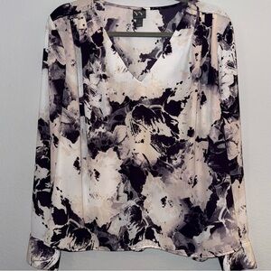 Worthington Abstract Floral V-Neck Blouse - Black and Cream